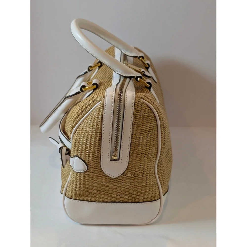 Lauren Ralph Lauren Straw Woven Satchel Bag White Leather Trim Gold Hardware